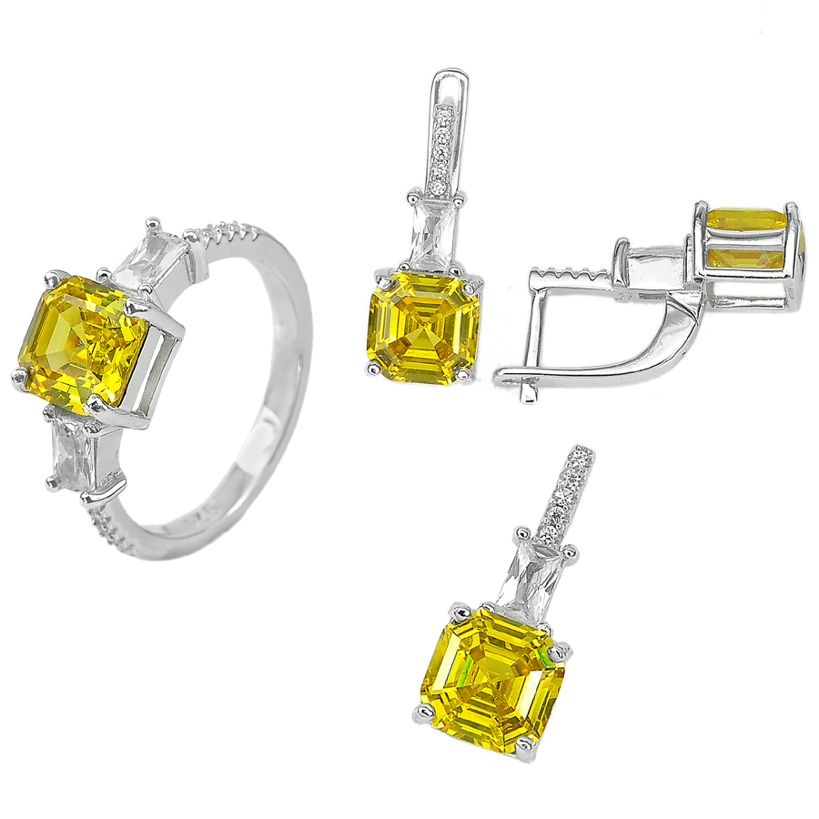 13.13G. Alluring Yellow CZ Real 925 Sterling Silver Pendant Earrings Ring Size 8