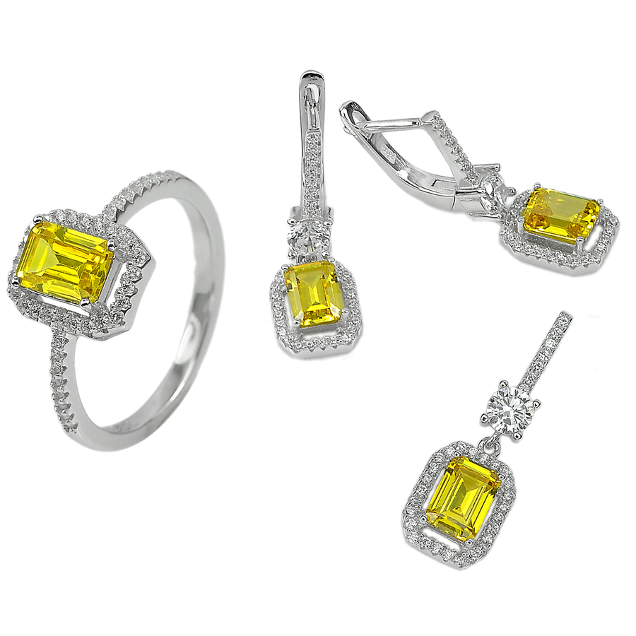 10.53 G. Lovely Yellow CZ Real 925 Sterling Silver Pendant Earrings Ring Size 8