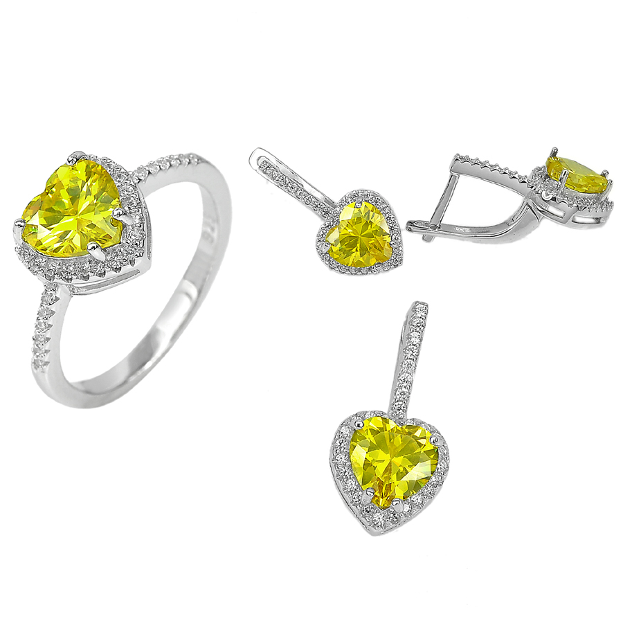 11.18 G. Heart Yellow CZ Real 925 Sterling Silver Pendant Earrings Ring Size 8