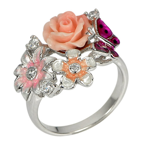 7.86 G. 2 Pcs. Wholesale Jewelry 925 Sterling Silver Ring Size 5 Flower Enamel