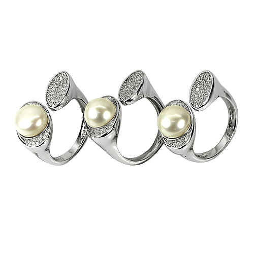 18.60 G.3 Pcs. Wholesale Round White Pearl Real 925 Sterling Silver Ring Size 7
