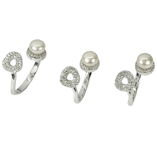 9.11 G.3 Pcs. Wholesale Round White Pearl Real 925 Sterling Silver Ring Size 8