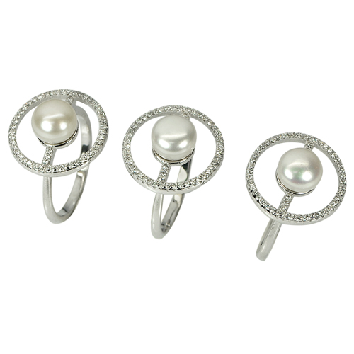 11.87 G.3 Pcs. Wholesale Round White Pearl Real 925 Sterling Silver Ring Size 7