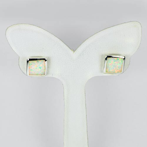 1 Pair 925 Sterling Silver Multi Color White Created Opal Square Stud Earrings
