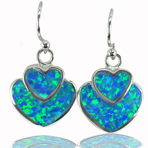 Lovely Heart Multi Color Blue Opal Design 925 Sterling Silver Jewelry Earrings