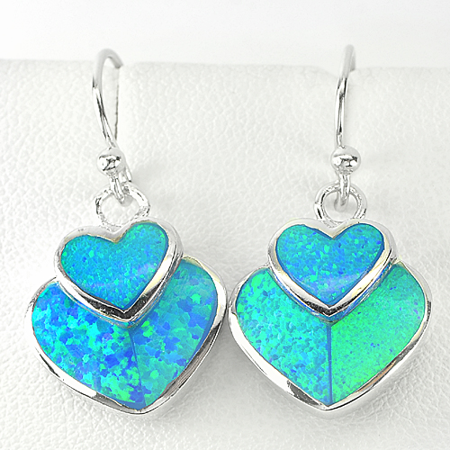 Lovely Heart Design Created Multi Color Blue Opal 925 Sterling Silver Earrings