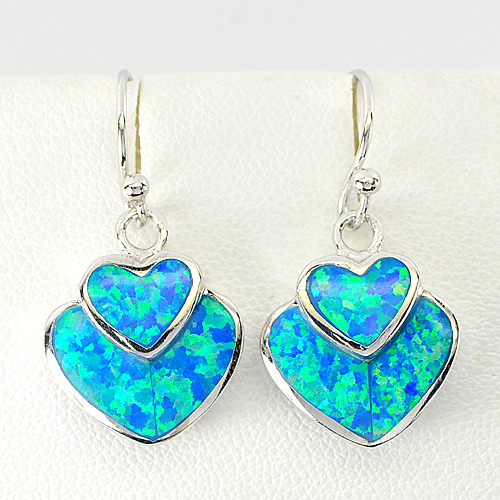 Lovely Heart Design Multi Color Blue Opal 925 Sterling Silver Earrings