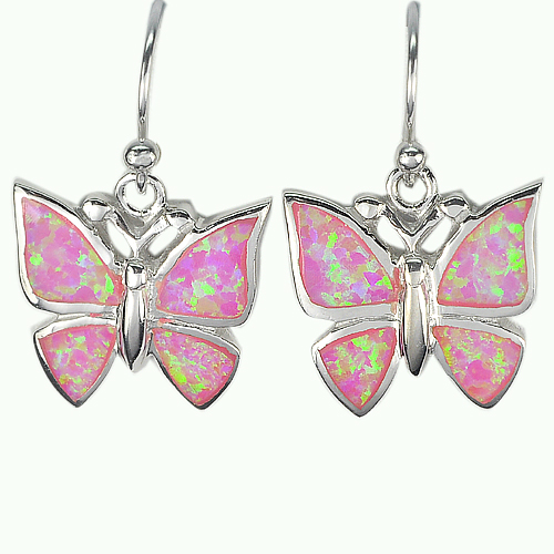 Good Butterfly Created Multi Color Pink Opal 925 Sterling Silver Earrings