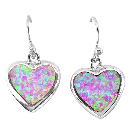 Lovely Heart Design Created Multi Color Pink Opal 925 Sterling Silver Earrings