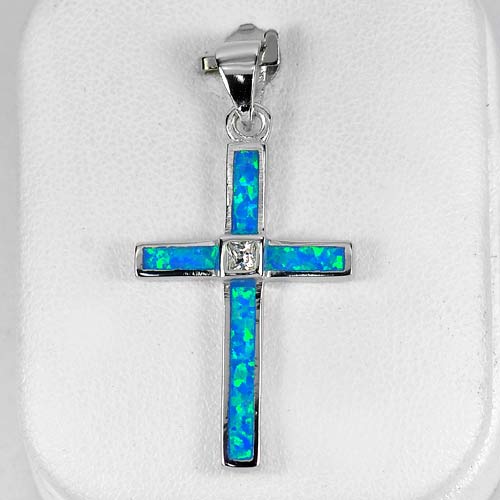 Multi Color Blue Created Opal Real 925 Sterling Silver Cross Pendant Jewelry