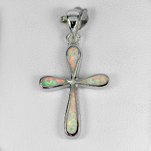 925 Sterling Silver Multi Color White Created Opal Cross Pendant Jewelry