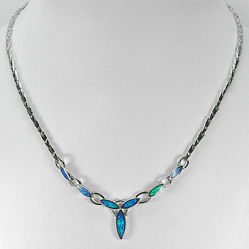 Multi Color Blue Created Opal Real 925 Sterling Silver Necklace 18 Inch.