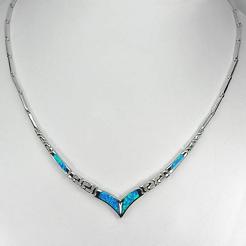 Beautiful Multi Color Blue Created Opal 925 Sterling Silver Necklace 18 Inch.