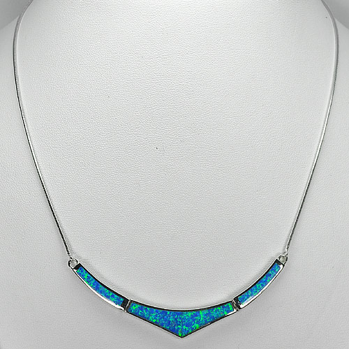 Multi Color Blue Created Opal Real 925 Sterling Silver Necklace Jewelry 18 Inch.