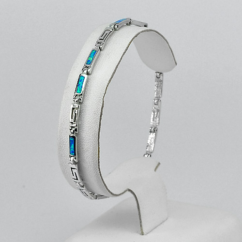 Multi Color Blue Created Opal Real 925 Sterling Silver Bracelet 7.5 Inch.