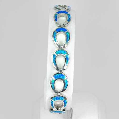 Multi Color Blue Created Opal 925 Sterling Silver Bracelet Horseshoe 7.5 Inch.