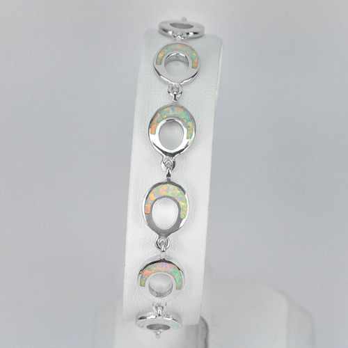 Real 925 Sterling Silver Multi Color White Created Opal Bracelet 7.5 Inch.