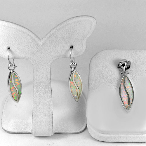 8.71 G. Real 925 Sterling Silver Sets White Created Opal Pendant And Earrings
