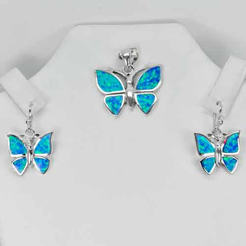 Blue Created Opal Real 925 Sterling Silver Sets Butterfly Pendant And Earrings
