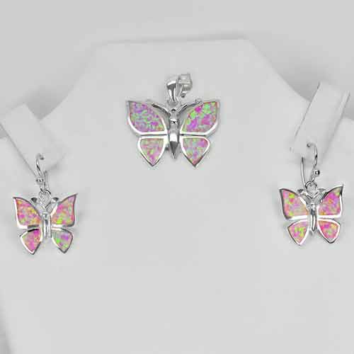 Pink Created Opal Real 925 Sterling Silver Sets Butterfly Pendant And Earrings