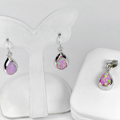 2.60 G. 925 Sterling Silver Jewelry Sets Pink Created Opal Pendant And Earrings