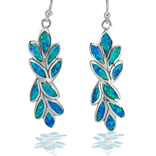 Created Multi Color Blue Opal Olive Leaf Design 925 Sterling Silver Earrings