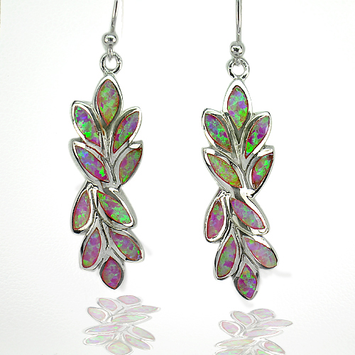 Created Multi Color Pink Opal Olive Leaf Design 925 Sterling Silver Earrings