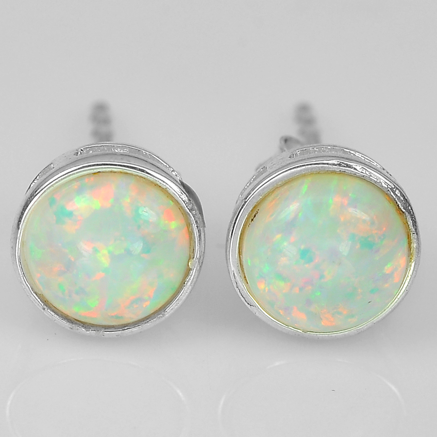 925 Sterling Silver Round Cab Multi Color White Created Opal Stud Earrings