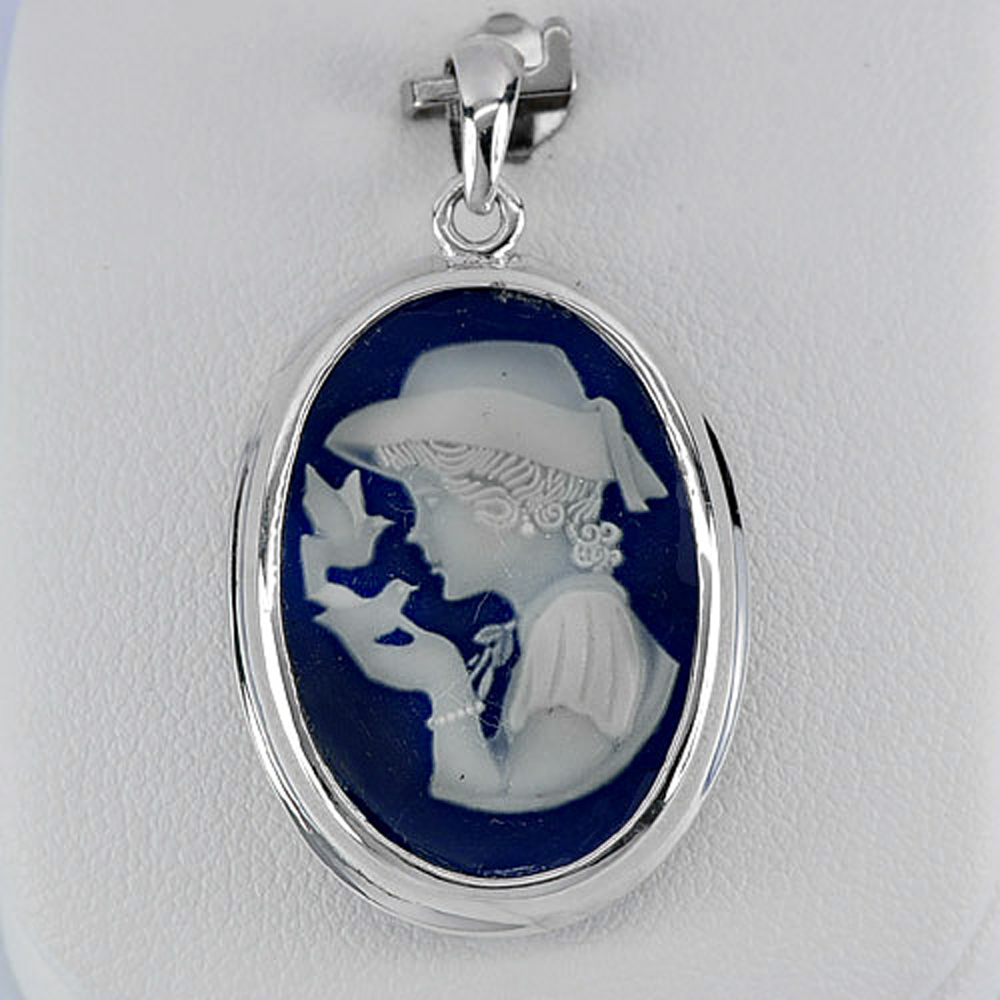 3.46 G. Lady And Birds White Real 925 Sterling Silver Cameo Pendant 32 x 22 Mm.