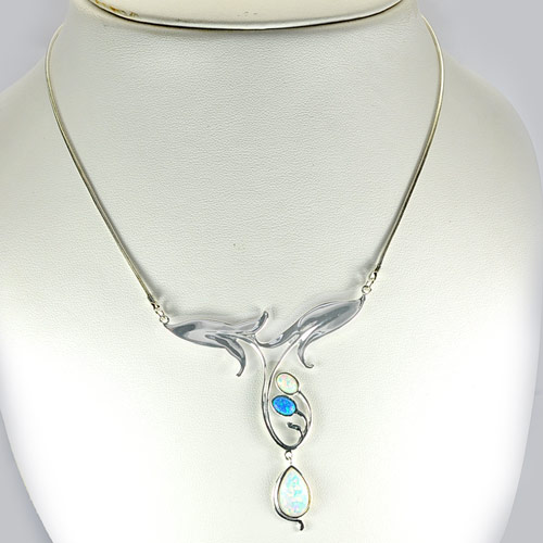 12.60 G. Real 925 Sterling Silver Necklace 22 Inch. Multi Color Created Opal