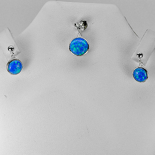 Blue Created Opal Real 925 Sterling Silver Sets Pendant And Earrings Jewelry