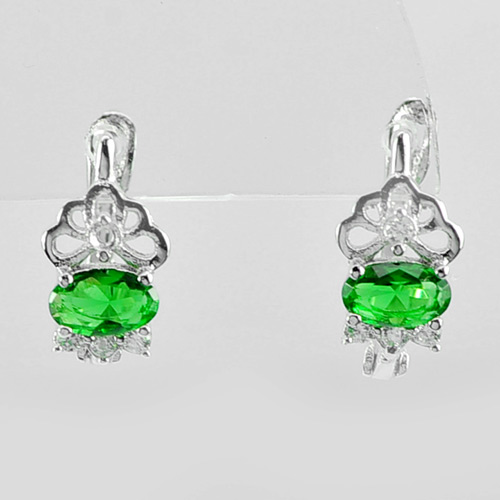 925 Sterling Silver Jewelry Loop Earrings Beautiful Oval Green CZ