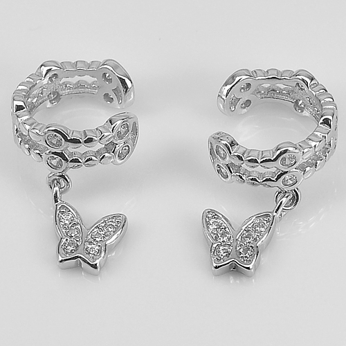 Butterfly Design with Round White CZ Real 925 Sterling Silver Clip Earrings