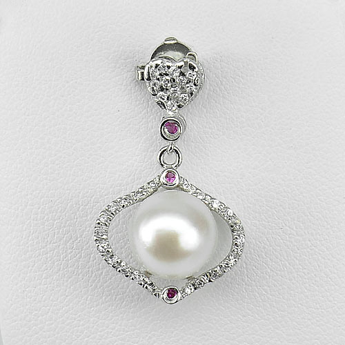 2.87 G. Real 925 Sterling Silver Pendant Natural Round Cabochon White Pearl