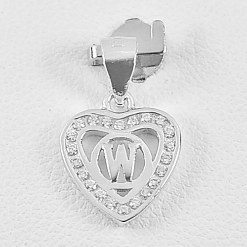 0.97 G. Real 925 Sterling Silver Initial Alphabet W in Heart Pendant with CZ