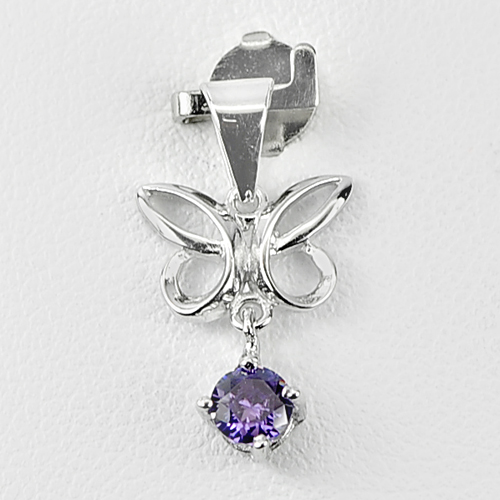 Round Purple CZ Lovely Butterfly Design Real 925 Sterling Silver Jewelry Pendant