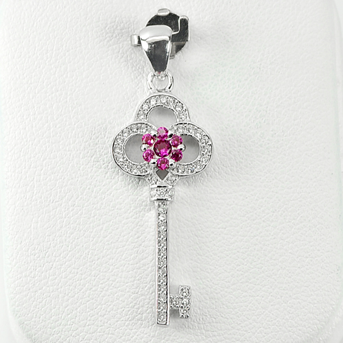 1.80 G.Attractive Key And Flower Design Pink CZ Real 925 Sterling Silver Pendant