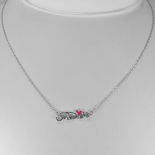 Forever and Heart Pink Enamel Design 925 Sterling Silver Necklace 14 Inch.