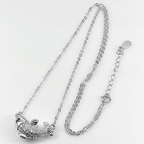 Real 925 Sterling Silver Necklace Length 18 Inch.Alluring Fish White Round CZ