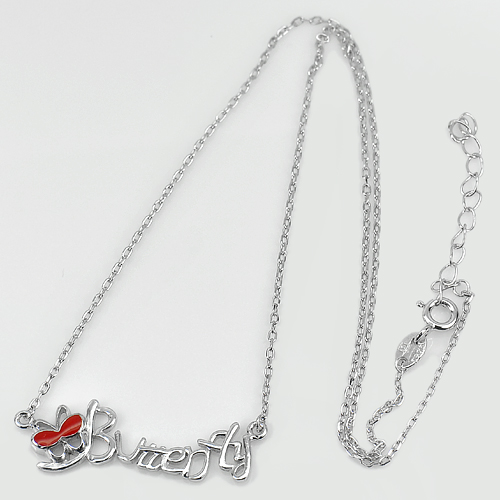Red Enamel Design 925 Sterling Silver Necklace Length 15 Inch.
