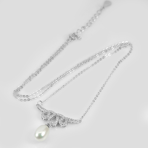 Natural Pearl with White CZ Real 925 Sterling Silver Jewelry Necklace 17 Inch.
