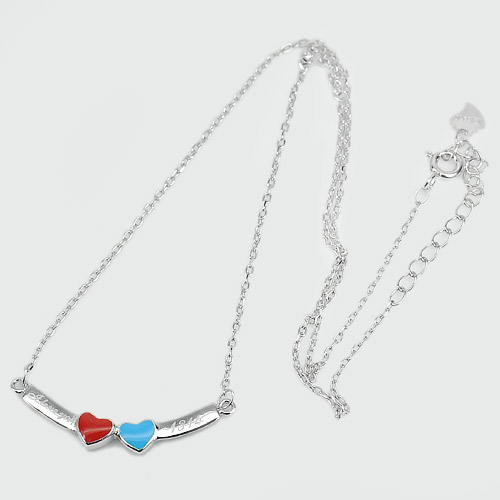 Heart Blue And Red Enamel Real 925 Sterling Silver Necklace Lenght 14 Inch.