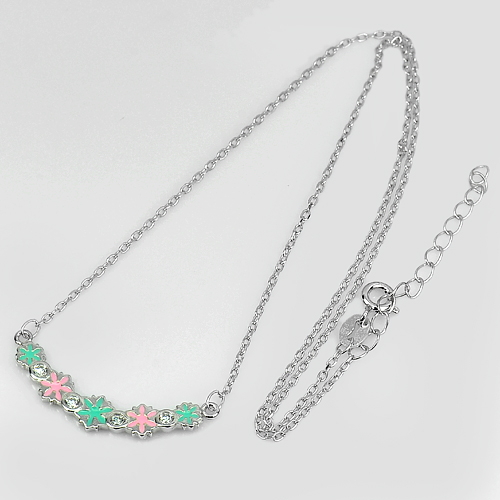 Flower Pink And Green Enamel Design 925 Sterling Silver Necklace Length 14 Inch.