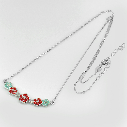 Flower Red And Blue Enamel Design 925 Sterling Silver Necklace Length 14 Inch.