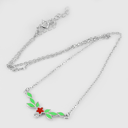 Good Design Red Flower Enamel 925 Sterling Silver Necklace Length 15 Inch.