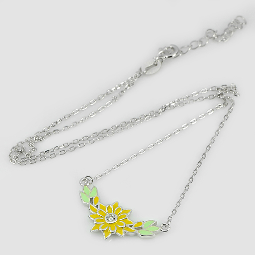 Flower Enamel with White CZ Real 925 Sterling Silver White Gold Plated 14 Inch.