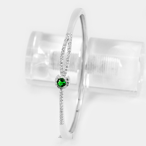 Diameter 55 mm. Real 925 Sterling Silver Bangle with Round Green CZ