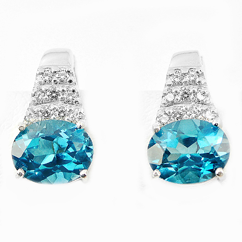 5.19 G. Natural Gems London Blue Topaz Real 925 Sterling Silver Earrings