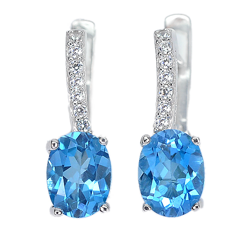 3.63 G. Oval Natural Gems Swiss Blue Topaz Real 925 Sterling Silver Earrings
