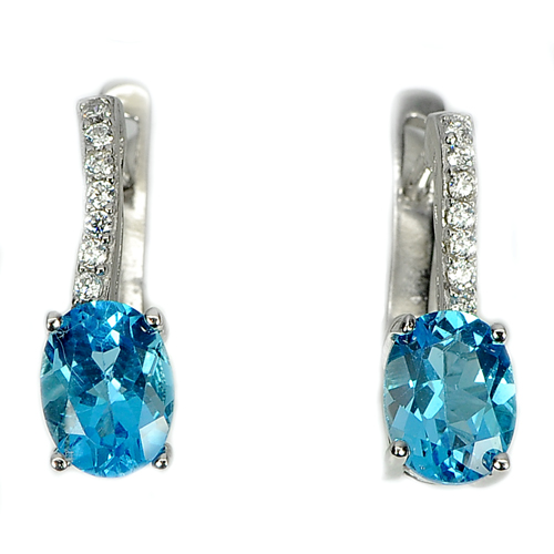 3.66 G. Natural Gems Swiss Blue Topaz Real 925 Sterling Silver Earrings